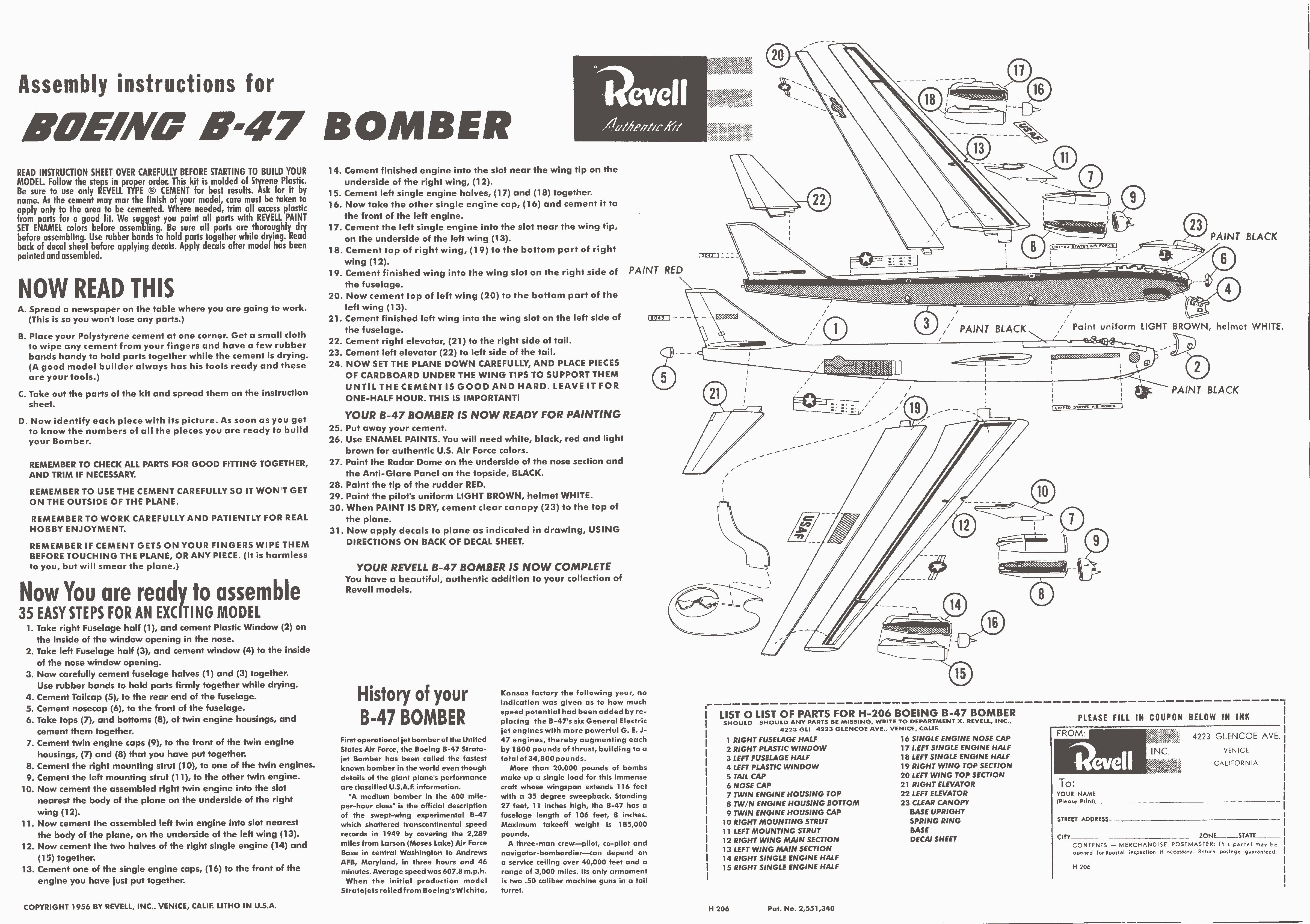 Assembly instructions Revell H206 Boeing B-47 Giant Stratojet Bomber, Revell Inc, 1954
